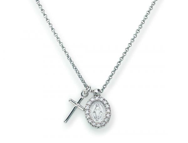 AMEN  Collana in AG925 e zirconi bianchi (Lung. 40+4cm - h charm croce 1cm, miracolosa ø 1cm)