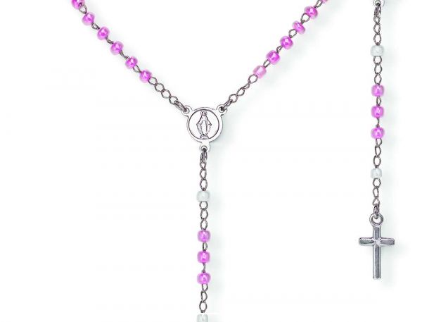 AMEN Collana Rosario Classico Argento e Cristalli Rosa Bimba/Bimbo