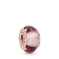 PANDORA Charm Vetro di Murano Rosa e Foglie