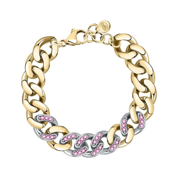 CHIARA FERRAGNI CHAIN BRACELETAC YELLOW GOLD+SILVER/PAVE PINK CZ 170+25MM