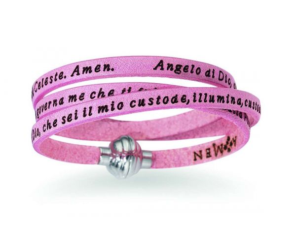 AMEN  Bracciale Pelle Rosa con incisione Angelo di Dio