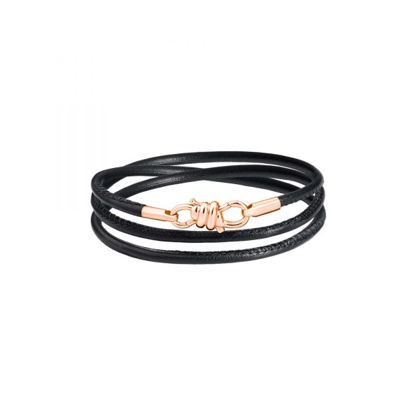 DoDo Bracciale Nodo con chiusura e terminali in Oro Rosa 9kt, Cordino in pelle Nero