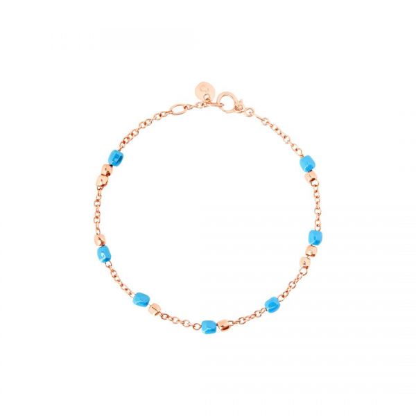 DoDo DoDo Bracciale stile Rosario Oro Rosa 9Kt Mini Granelli Ceramica Turchese su Catena Classica 