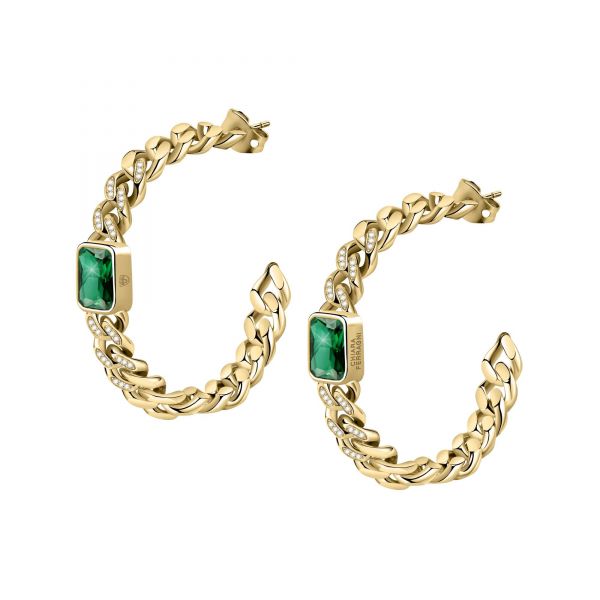 CHIARA FERRAGNI CHAIN EARRINGS YELLOW GOLD+GREEN CZ 40MM