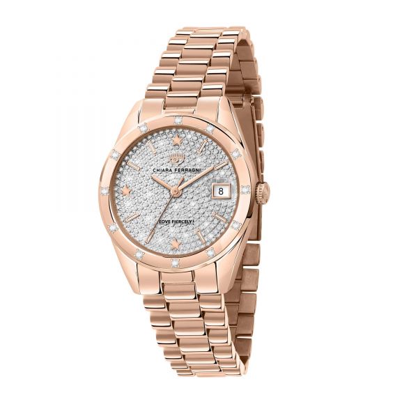 CHIARA FERRAGNI EVERYDAY 32MM 3H SILVER DIAMOND DUST DIAL BRACELET ROSE GOLD