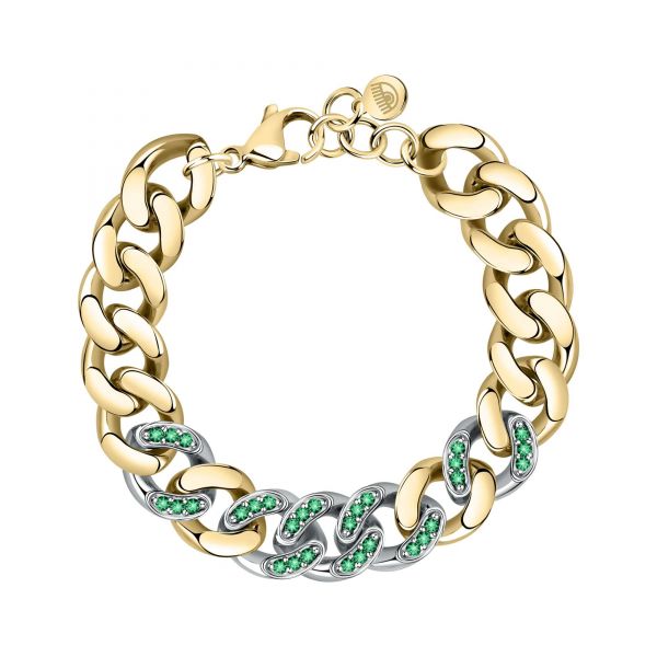 CHIARA FERRAGNI CHAINBRACELET YELLOW GOLD+SILVER/PAVE GREEN CZ 170+25MM