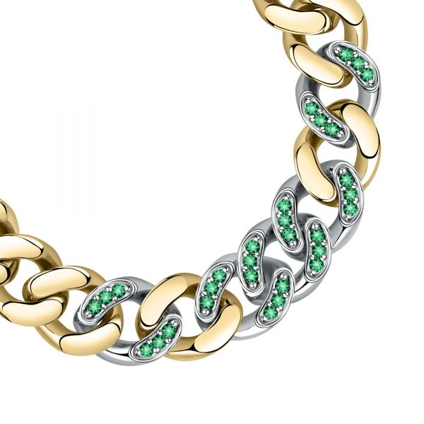 CHIARA FERRAGNI CHAINBRACELET YELLOW GOLD+SILVER/PAVE GREEN CZ 170+25MM