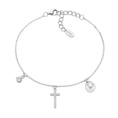 AMEN  Bracciale Rodio Croce Zirconata e Perla