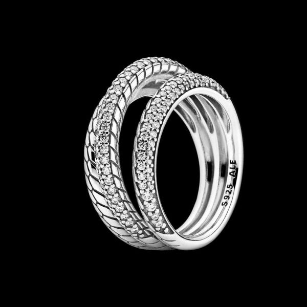 PANDORA Anello a tripla fascia con maglia snake e pavé