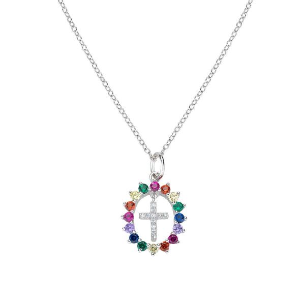 AMEN  Collana Croce e Zirconi Multicolor 