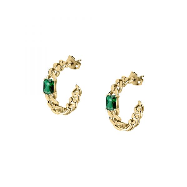 CHIARA FERRAGNI CHAIN EARRINGS YELLOW GOLD+GREEN CZ 25MM