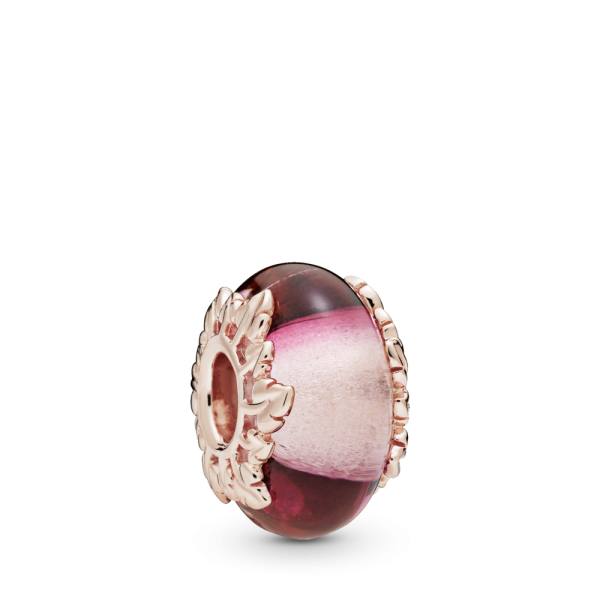 PANDORA Charm Vetro di Murano Rosa e Foglie