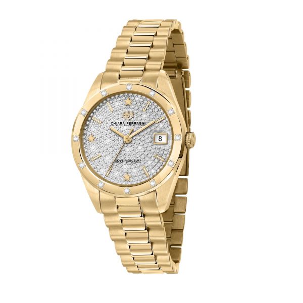 CHIARA FERRAGNI EVERYDAY 32MM 3H SILVER DIAMOND DUST DIAL BRACELET YELLOW GOLD