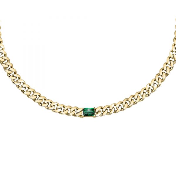 CHIARA FERRAGNI CHAIN NECKLACE YELLOW GOLD+GREEN CZ 33+7CM