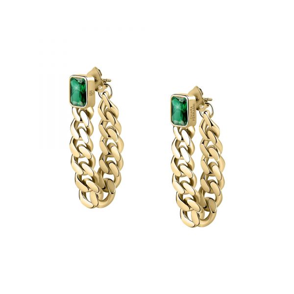 CHIARA FERRAGNI CHAIN EARRINGS YELLOW GOLD+GREEN CZ 48MM