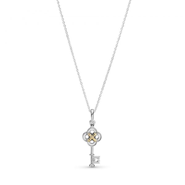 PANDORA Key sterling silver and 14k gold necklace with clear cubic zirconia