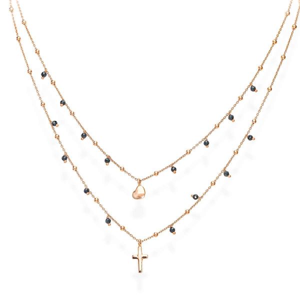 AMEN  Collana Donna Amen in Argento Rosè con Charm Pendenti Cuore e Croce e Cristalli Neri