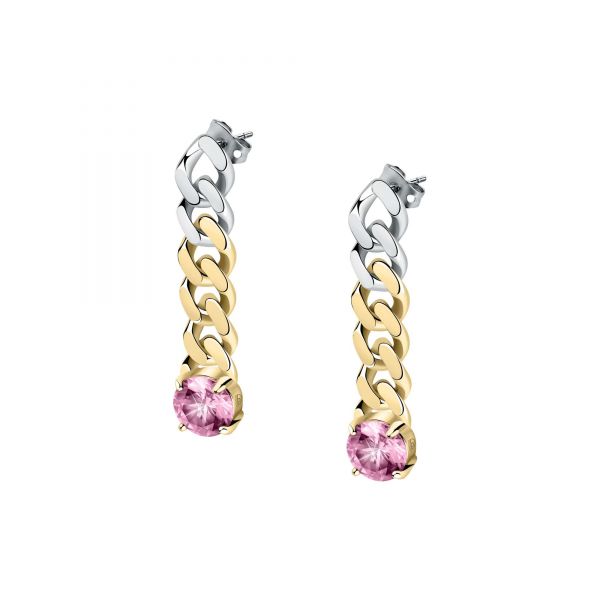 CHIARA FERRAGNI CHAIN  EARRINGS YELLOW GOLD+SILVER+PINK CZ 40.5MM