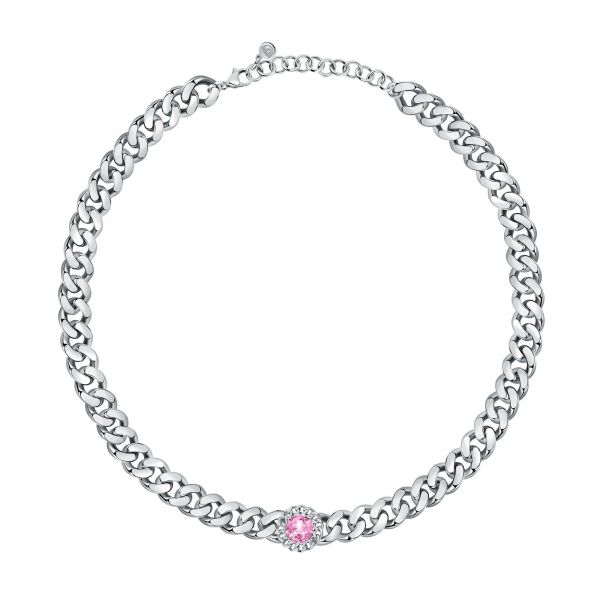 CHIARA FERRAGNI CHAIN NECKLACE SILVER W/PINK CZ 38+4CM