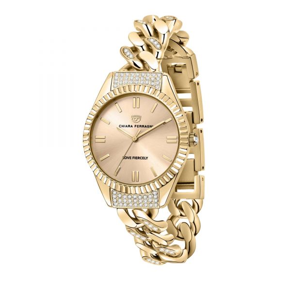 CHIARA FERRAGNI CHAIN CAPSULE 34MM 3H CHAMPAGNE DIAL BRACELET YELLOW GOLD