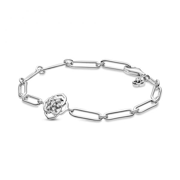 PANDORA Rose flower sterling silver bracelet with clear cubic zirconia