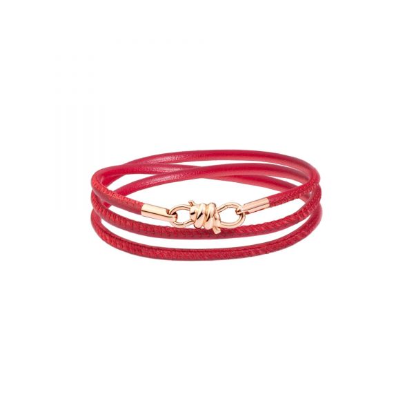 DoDo Bracciale Nodo con chiusura e terminali in Oro Rosa 9kt, Cordino in pelle Bordeaux