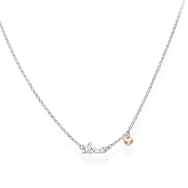 AMEN  Collana Girocollo Argento con Scritta centrale "Love" e charm pendente a Cuore placcato Oro Rosè