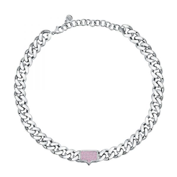 CHIARA FERRAGNI CHAIN NECKLACE SILVER PAVE PINK CZ 38+7CM