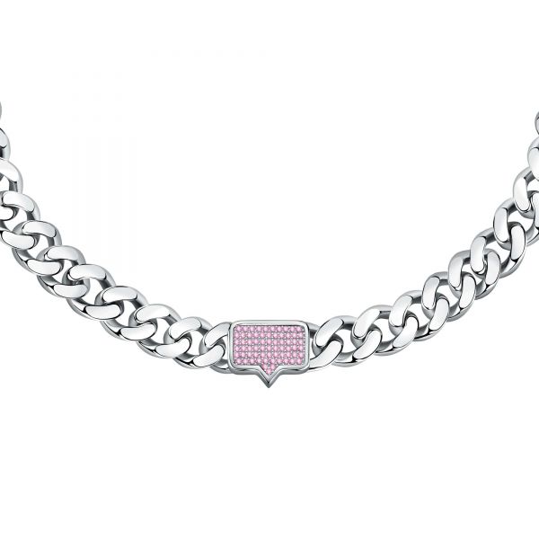 CHIARA FERRAGNI CHAIN NECKLACE SILVER PAVE PINK CZ 38+7CM