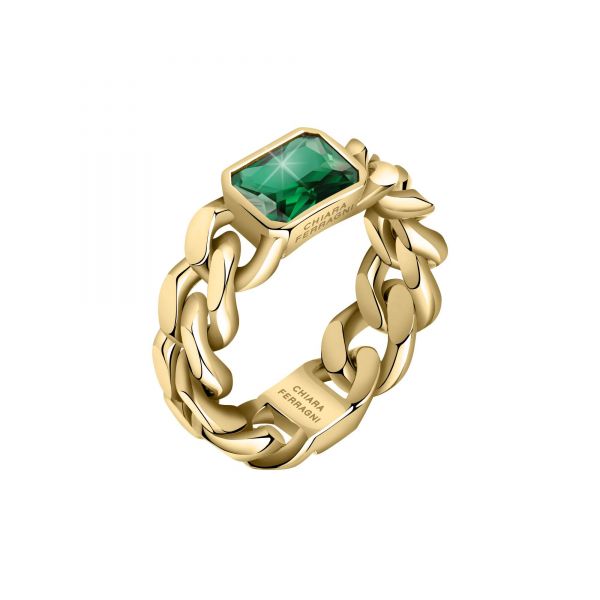 CHIARA FERRAGNI CHAIN RING YELLOW GOLD+GREEN CZ 