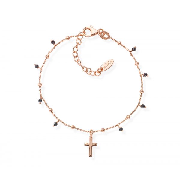 AMEN  Bracciale Amen Donna in Argento Rosè e Cristalli Neri con Croce pendente