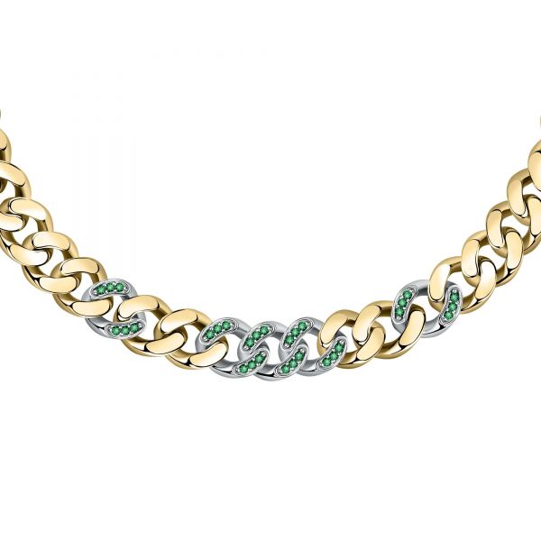 CHIARA FERRAGNI CHAIN NECKLACE YELLOW GOLD+SILVER/PAVE GREEN CZ 38+7CM