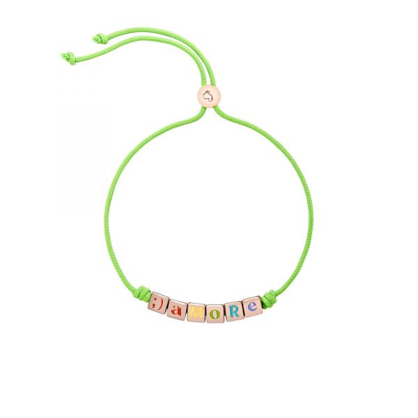 DoDo Bracciale Simboli Argento Dorato Oro Rosa 18Kt, Cordino in Poliestere Verde Fluo e Scritta Colorata  