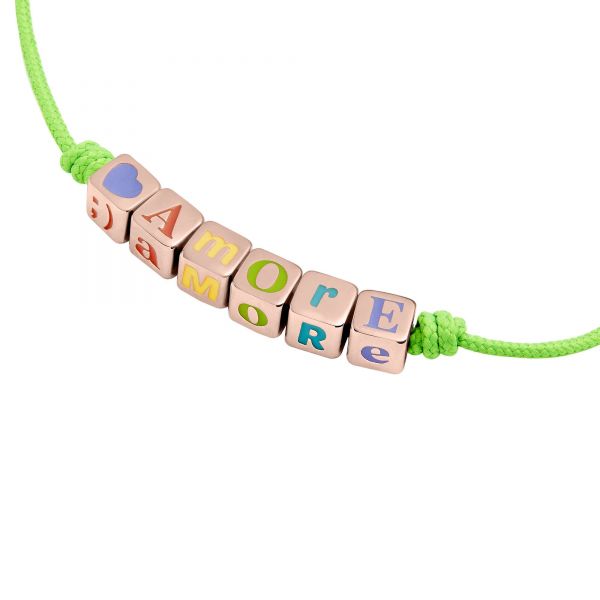 DoDo Bracciale Simboli Argento Dorato Oro Rosa 18Kt, Cordino in Poliestere Verde Fluo e Scritta Colorata  <3 AMORE