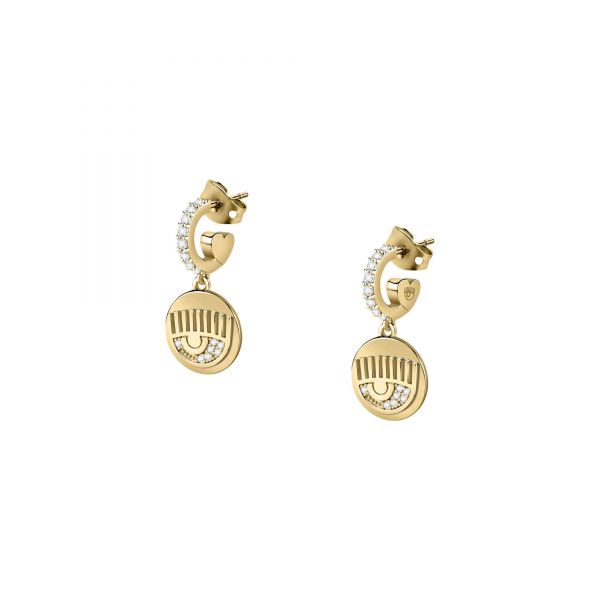 CHIARA FERRAGNI CHAIN  EARRINGS YELLOW GOLD+PAVE WHITE PP+EYE LOGO 24.2MM