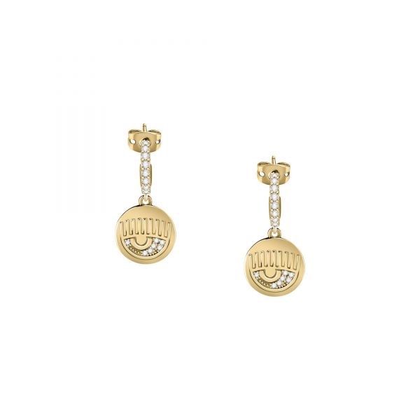 CHIARA FERRAGNI CHAIN  EARRINGS YELLOW GOLD+PAVE WHITE PP+EYE LOGO 24.2MM