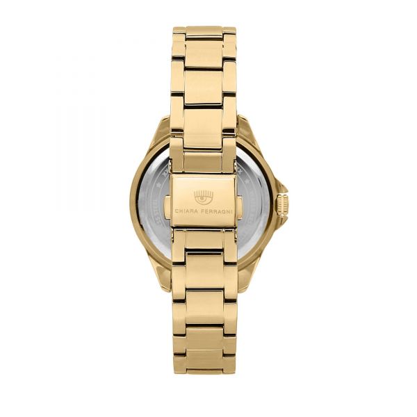 CHIARA FERRAGNI SPORT BAGUETTE 36MM 3H SILVER DIAL BRACELET YELLOW GOLD