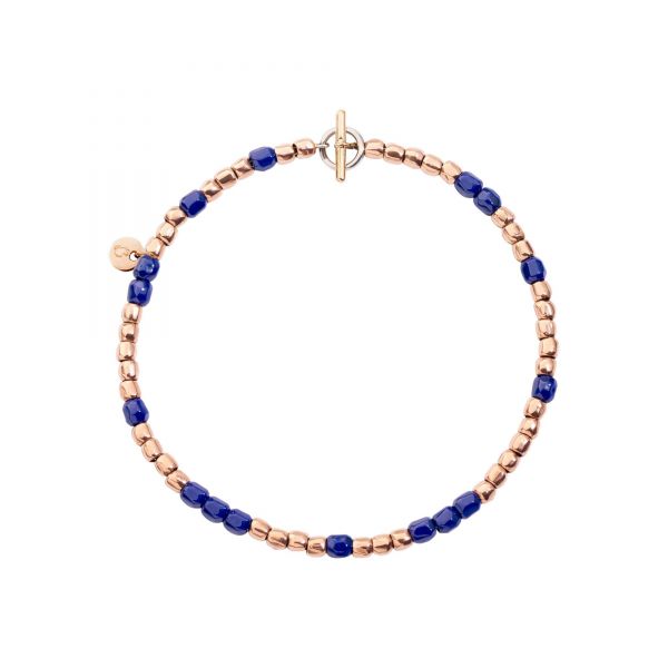 DoDo Bracciale Mini Granelli in Oro Rosa 9Kt e Ceramica Blu, catena e anello brisè in acciaio, t-bar in Oro Rosa 