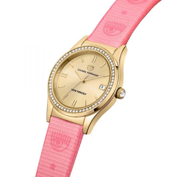 CHIARA FERRAGNI CONTEMPORARY 32MM 3H YELLOW GOLD DIAL PINK STRAP