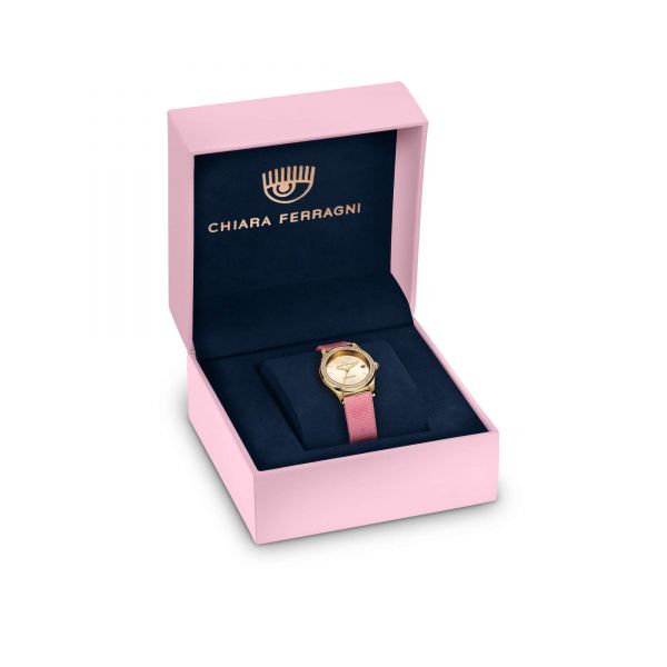 CHIARA FERRAGNI CONTEMPORARY 32MM 3H YELLOW GOLD DIAL PINK STRAP