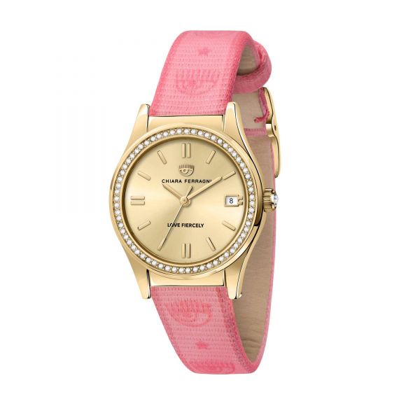 CHIARA FERRAGNI CONTEMPORARY 32MM 3H YELLOW GOLD DIAL PINK STRAP