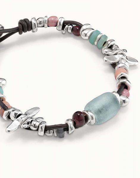 UNO DE 50 Leather bracelet with metals clad with silver with multicolour glasses