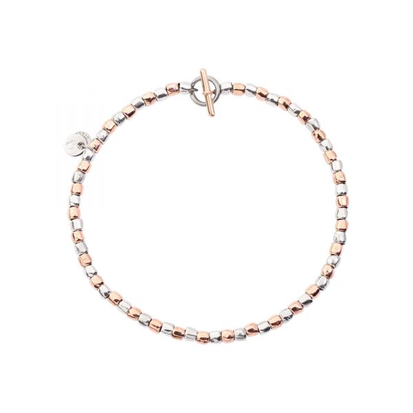 DoDo Bracciale Mini Granelli in Argento 925 e Oro Rosa 9Kt, catena e anello brisè in acciaio, t-bar in Oro Rosa 9K