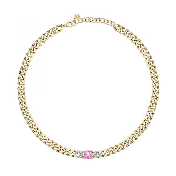 CHIARA FERRAGNI CHAIN NECKLACE YELLOW GOLD+SILVER+WHITE/PINK CZ 38+4CM