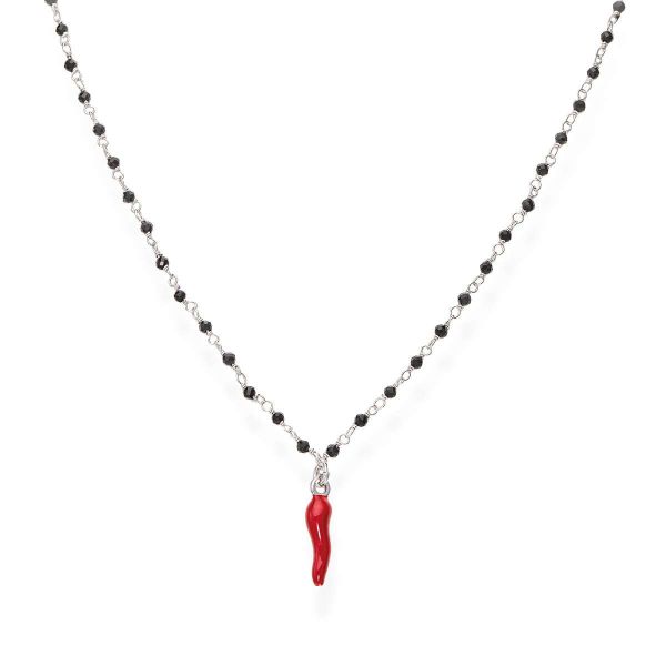 AMEN  Collana Girocollo in Argento con Cristalli neri e Cornetto Pendente smaltato rosso