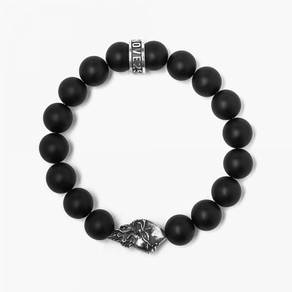 NOVE25 BRACCIALE AGATA NERA OPACA 080 E CUORE SACRO / ARGENTO BRUNITO LUCIDO