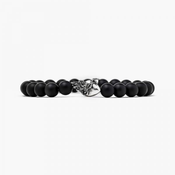 NOVE25 BRACCIALE AGATA NERA OPACA 080 E CUORE SACRO / ARGENTO BRUNITO LUCIDO