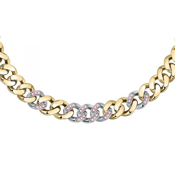 CHIARA FERRAGNI CHAIN NECKLACE YELLOW GOLD+SILVER/PAVE PINK CZ 38+7CM