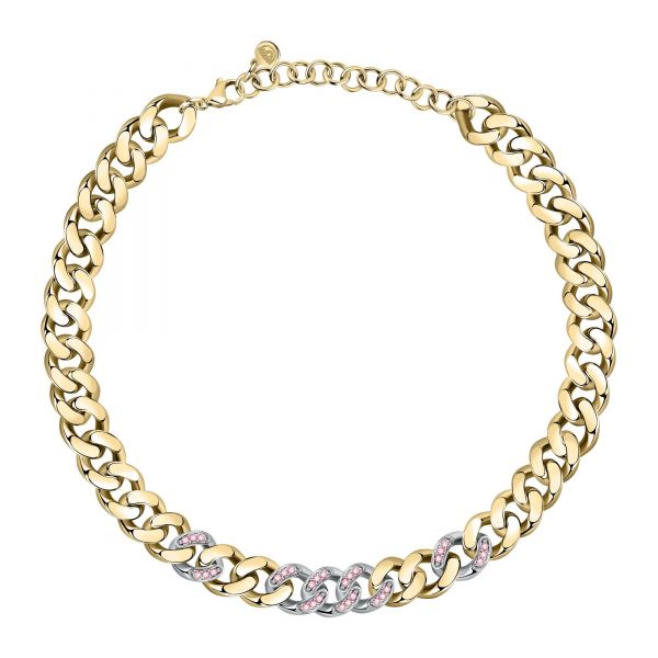 CHIARA FERRAGNI CHAIN NECKLACE YELLOW GOLD+SILVER/PAVE PINK CZ 38+7CM